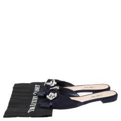 Pre Owned Miu Miu Blue Satin And Canvas Knot Crystal Embellished Flat Slide Sandals Size 37.5