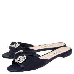 Pre Owned Miu Miu Blue Satin And Canvas Knot Crystal Embellished Flat Slide Sandals Size 37.5