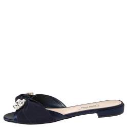 Pre Owned Miu Miu Blue Satin And Canvas Knot Crystal Embellished Flat Slide Sandals Size 37.5