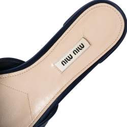 Pre Owned Miu Miu Blue Satin And Canvas Knot Crystal Embellished Flat Slide Sandals Size 37.5