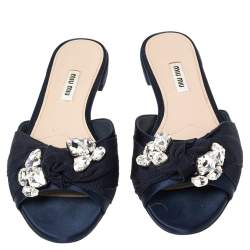 Pre Owned Miu Miu Blue Satin And Canvas Knot Crystal Embellished Flat Slide Sandals Size 37.5