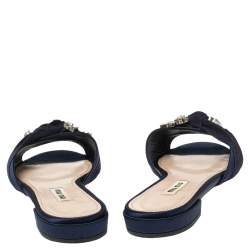 Pre Owned Miu Miu Blue Satin And Canvas Knot Crystal Embellished Flat Slide Sandals Size 37.5