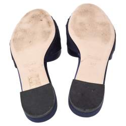 Pre Owned Miu Miu Blue Satin And Canvas Knot Crystal Embellished Flat Slide Sandals Size 37.5