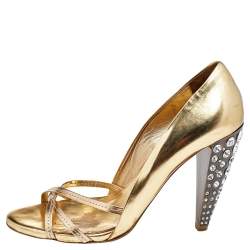 Pre Owned حذاء كعب عالي ميو ميو جلد ذهبي ميتاليك مزخرف كريستال مقاس 38.5