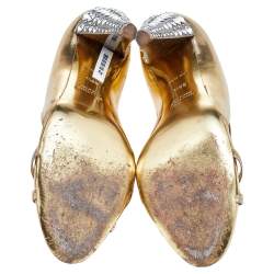 Pre Owned حذاء كعب عالي ميو ميو جلد ذهبي ميتاليك مزخرف كريستال مقاس 38.5