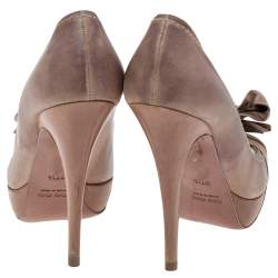 Pre Owned Miu Miu Beige Leather Bow Peep Toe Platform Pumps Size 37.5