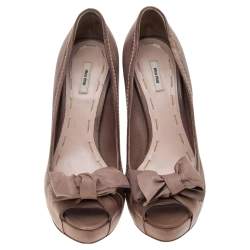 Pre Owned Miu Miu Beige Leather Bow Peep Toe Platform Pumps Size 37.5