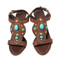 Pre Owned صندل ميو ميو جلد مرصع أحجار تركواز/بني بحزام للكاحل مقاس 40.5