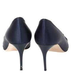 Miu Miu Navy Blue Satin Crystal Embellished Heart Pointed Toe Pumps Size 37.5