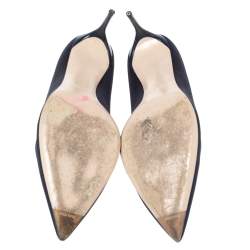 Miu Miu Navy Blue Satin Crystal Embellished Heart Pointed Toe Pumps Size 37.5
