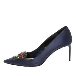 Miu Miu Navy Blue Satin Crystal Embellished Heart Pointed Toe Pumps Size 37.5