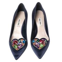 Miu Miu Navy Blue Satin Crystal Embellished Heart Pointed Toe Pumps Size 37.5