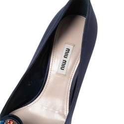 Miu Miu Navy Blue Satin Crystal Embellished Heart Pointed Toe Pumps Size 37.5