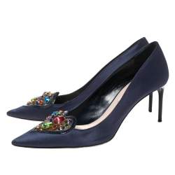 Miu Miu Navy Blue Satin Crystal Embellished Heart Pointed Toe Pumps Size 37.5