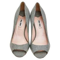 Miu Miu Grey Leather Peep Toe Wedge Pumps Size 36