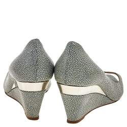 Miu Miu Grey Leather Peep Toe Wedge Pumps Size 36
