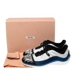 Pre Owned Miu Miu Tri-Color Satin and Fabric Crystal Embellished Cap Toe Lace-Up Sneakers Size 39