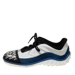 Pre Owned Miu Miu Tri-Color Satin and Fabric Crystal Embellished Cap Toe Lace-Up Sneakers Size 39