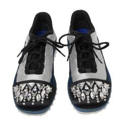 Pre Owned Miu Miu Tri-Color Satin and Fabric Crystal Embellished Cap Toe Lace-Up Sneakers Size 39