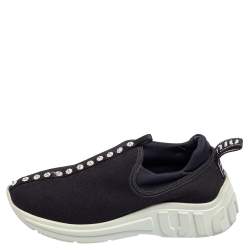 Pre Owned Miu Miu Black Fabric Crystal Embellished Slip On Sneakers Size 37