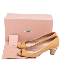 Miu Miu Beige Patent Leather Crystal Embellished Heel Pumps Size 38.5