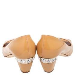 Miu Miu Beige Patent Leather Crystal Embellished Heel Pumps Size 38.5
