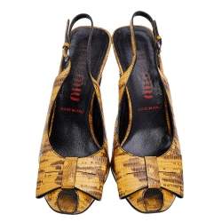 Pre Owned Miu Miu Mustard Lizard Embossed Leather Bow Slingback Sandals Size 37