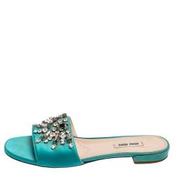 Miu Miu Blue Satin Crystal Embellished Slide Sandals Size 37