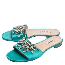 Miu Miu Blue Satin Crystal Embellished Slide Sandals Size 37
