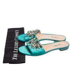 Miu Miu Blue Satin Crystal Embellished Slide Sandals Size 37