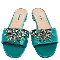 Miu Miu Blue Satin Crystal Embellished Slide Sandals Size 37