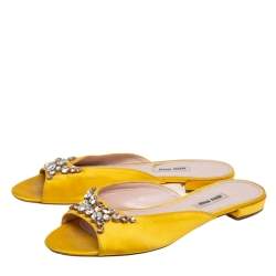 Miu Miu Yellow Satin Crystals Embellished Flat Slides Size 38
