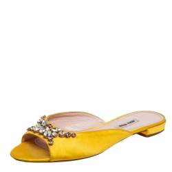 Miu Miu Yellow Satin Crystals Embellished Flat Slides Size 38