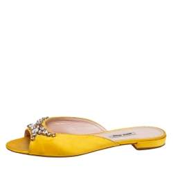 Miu Miu Yellow Satin Crystals Embellished Flat Slides Size 38
