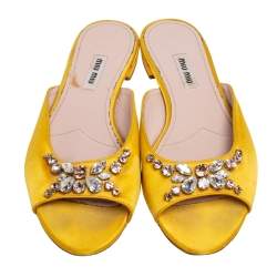 Miu Miu Yellow Satin Crystals Embellished Flat Slides Size 38