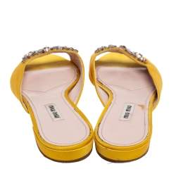 Miu Miu Yellow Satin Crystals Embellished Flat Slides Size 38