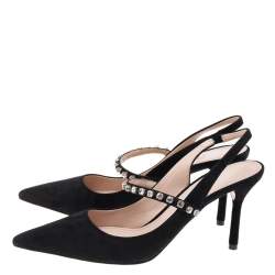 Miu Miu Black Suede Crystal Embellished Pointed Toe Slingback Sandals Size 36.5