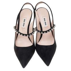 Miu Miu Black Suede Crystal Embellished Pointed Toe Slingback Sandals Size 36.5