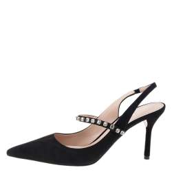 Miu Miu Black Suede Crystal Embellished Pointed Toe Slingback Sandals Size 36.5
