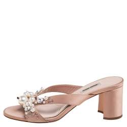 Miu Miu Beige  Satin Crystal And Pearl Embellished Slide Sandals Size 37.5