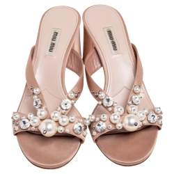 Miu Miu Beige  Satin Crystal And Pearl Embellished Slide Sandals Size 37.5