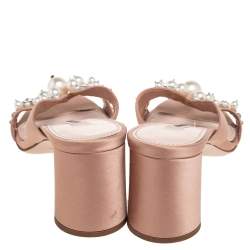 Miu Miu Beige  Satin Crystal And Pearl Embellished Slide Sandals Size 37.5