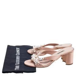 Miu Miu Beige  Satin Crystal And Pearl Embellished Slide Sandals Size 37.5