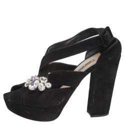 Miu Miu Black Suede Crystal Embellished Platform Sandals Size 40.5