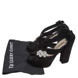 Miu Miu Black Suede Crystal Embellished Platform Sandals Size 40.5