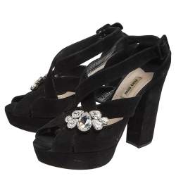 Miu Miu Black Suede Crystal Embellished Platform Sandals Size 40.5
