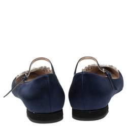 Pre Owned حذاء باليرينا فلات ميو ميو ساتان أسود/أزرق مزخرف كريستال ماري جان مقدمة مدببة مقاس 37