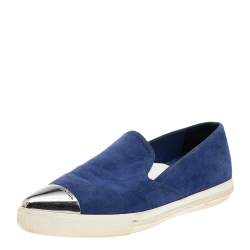 Miu Miu Blue Suede Metal Cap Toe Slip On Sneakers Size 36