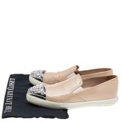 Miu Miu Beige Patent Leather Crystal Embellished Pointed Cap Toe Slip On Sneakers Size 35