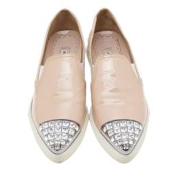 Miu Miu Beige Patent Leather Crystal Embellished Pointed Cap Toe Slip On Sneakers Size 35